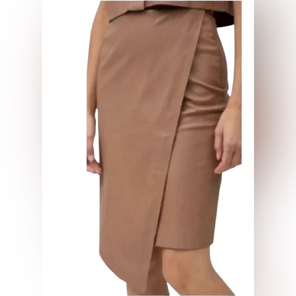n: Philanthropy Brown Faux Wrap Vegan Leather Shirt Side Zip Midi Skirt Sz Small